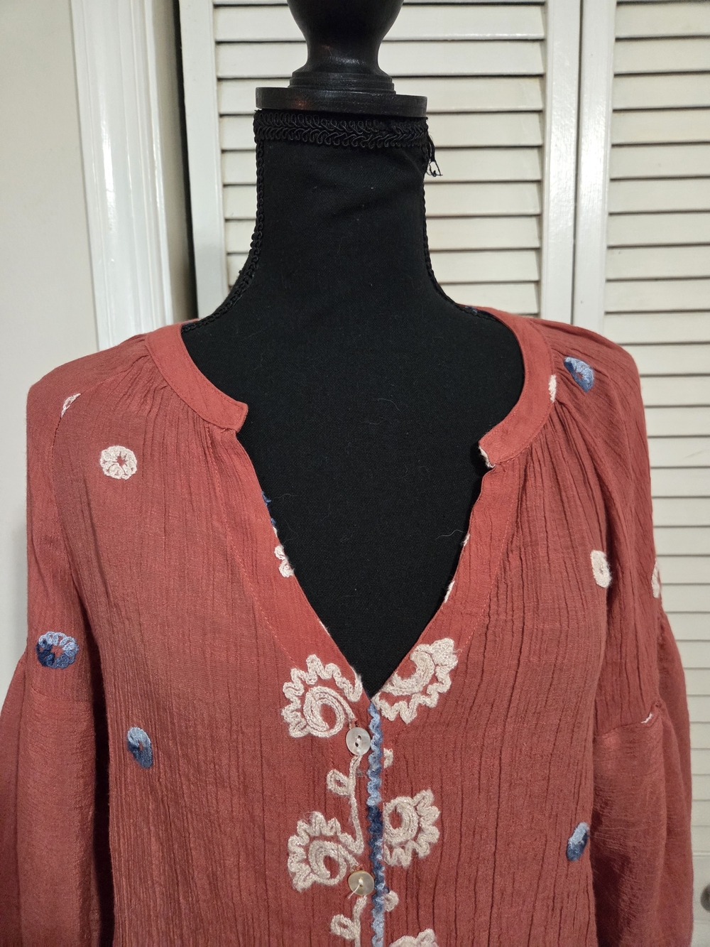 Embroidered Rust Blouse with Blue Accents - Picture 2 of 7